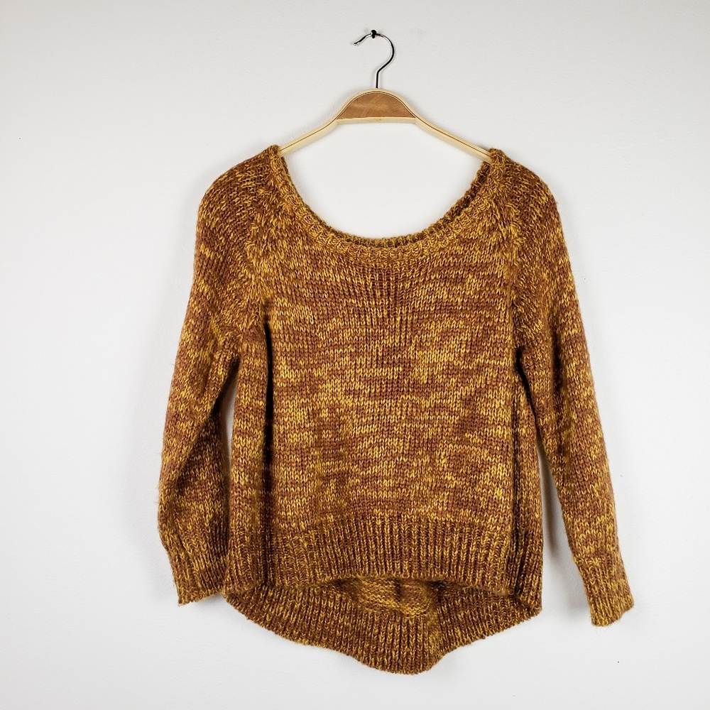 Yellow & Brown Golden Cropped Hi Low Knit Sweater